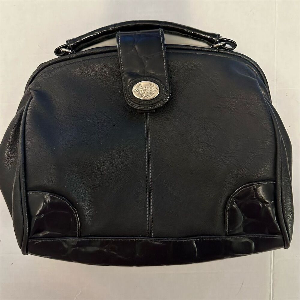 Vintage Black Leather Handbag with Handle & Shoulder Strap